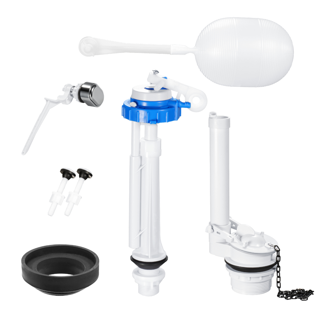 Complete Toilet Tank Repair Kit for Two Piece Toilet | Fill Valve + Flush Valve + Side Push Button