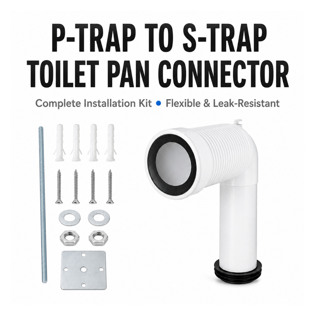 P-trap to S-trap toilet pan connector with seals, threaded support rod and mounting hardware